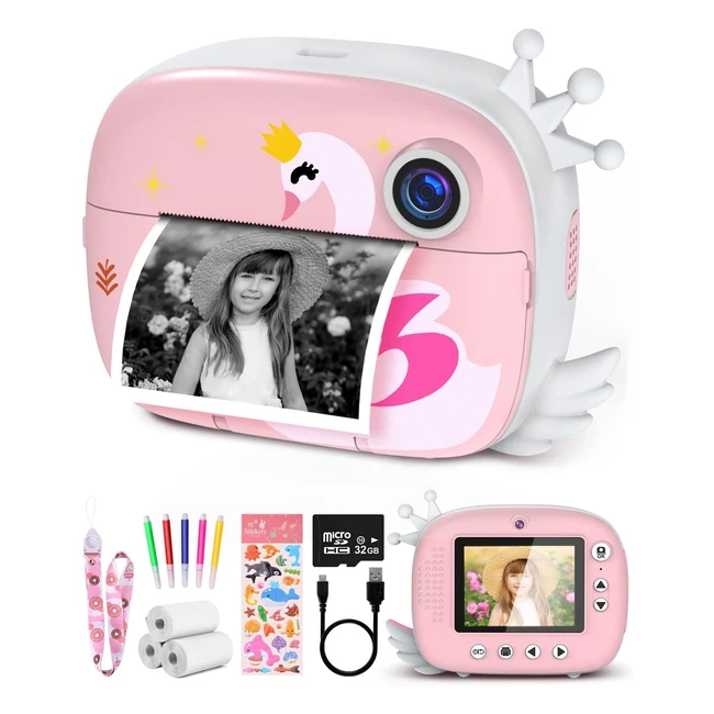 Appareil photo enfant Hangrui 24 pouces avec impression instantanée, 12MP/1080P HD, carte TF 32Go, cadeau pour filles/garçons 3-12 ans