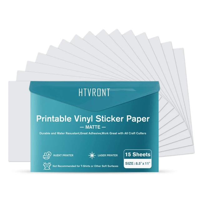 HTVRONT Printable Vinyl - 15 Matte Sticker Paper for Inkjet and Laser Printers - Waterproof and Dry Quickly - Compatible with HP, Epson, Brother, Canon