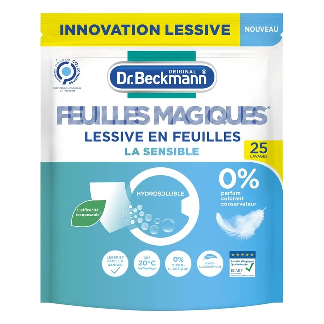 Dr Beckmann Feuilles Magiques Lessive en Feuilles Sensible Hypoallergénique - Format Pré-dosé Pratique et Léger - 25 Feuilles