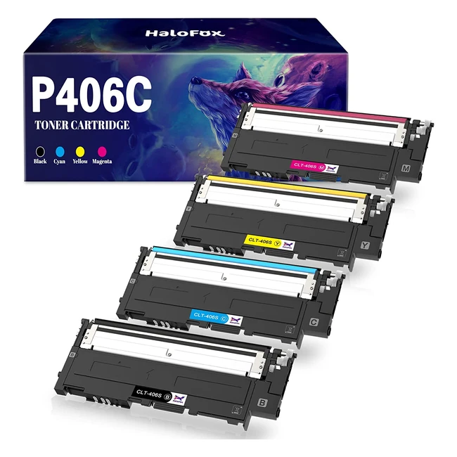 Toner Samsung C460W CLX 3305 3300 3305W C467W - Pack de 4 cartouches Halofox CLTP406C compatibles - Noir, Cyan, Jaune, Magenta
