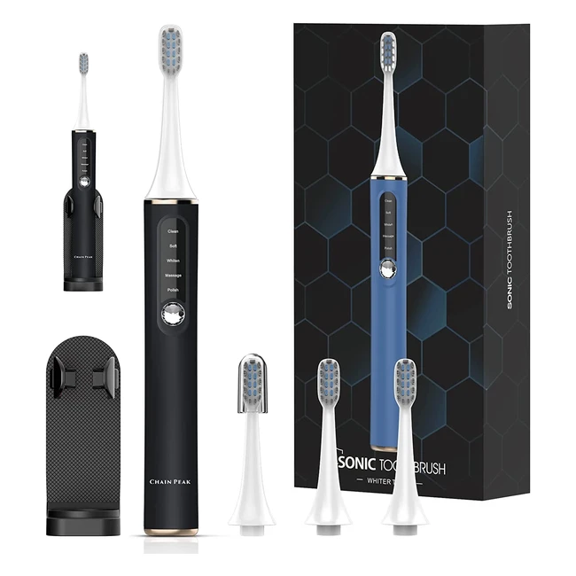 Spazzolino Elettrico Ricaricabile Sonico Chain Peak con LED, 5 Modalità, 4 Testine - 40000 VPM