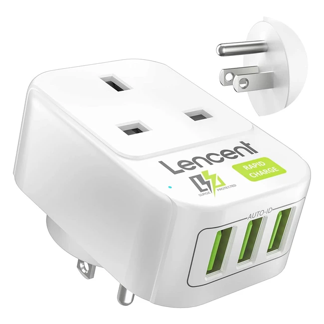 Lencent UK to US Plug Adapter with 3 USB Ports - Type B, Grounded, for USA, Mexico, Canada, Thailand and More