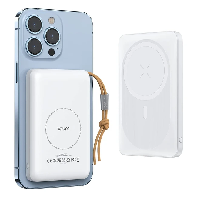 Magnetic Wireless Portable Charger VRURC 10000mAh - Fast Charging for iPhone 12/13 - PD 22.5W - USB Port - White