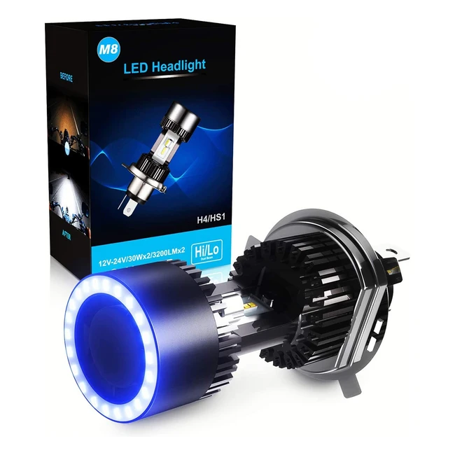 Lampada LED H4 per moto con occhi angelo - 6400lm 6000K - Facile installazione