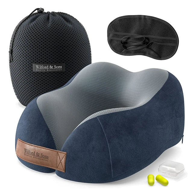 Almohada de Viaje Cuello Espuma Memoria con Antifaz, Tapones y Bolsa de Transporte - Comoda y Suave Viscoelastica - Funda Lavable - Para Adultos y Ninos