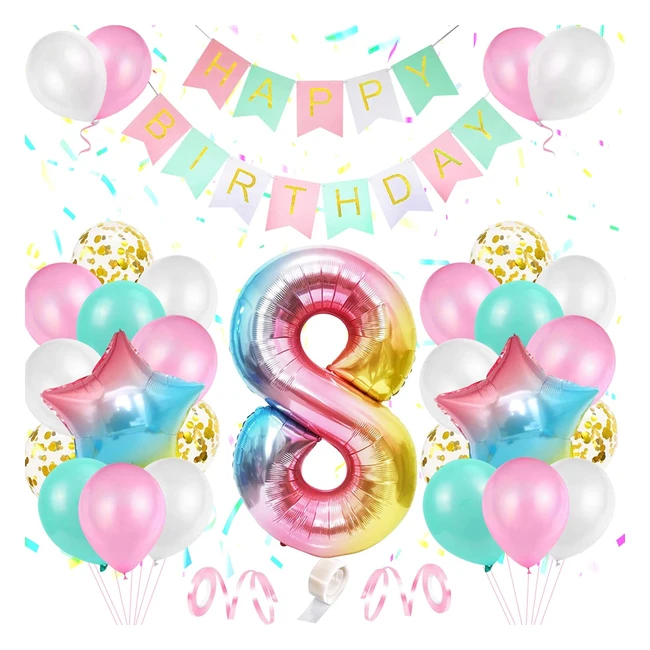 Decoración de Cumpleaños 8 Años Rosa Toloye - Globos de Cumpleaños con Pancarta de Happy Birthday y Confeti de Aluminio para Niña o Niño