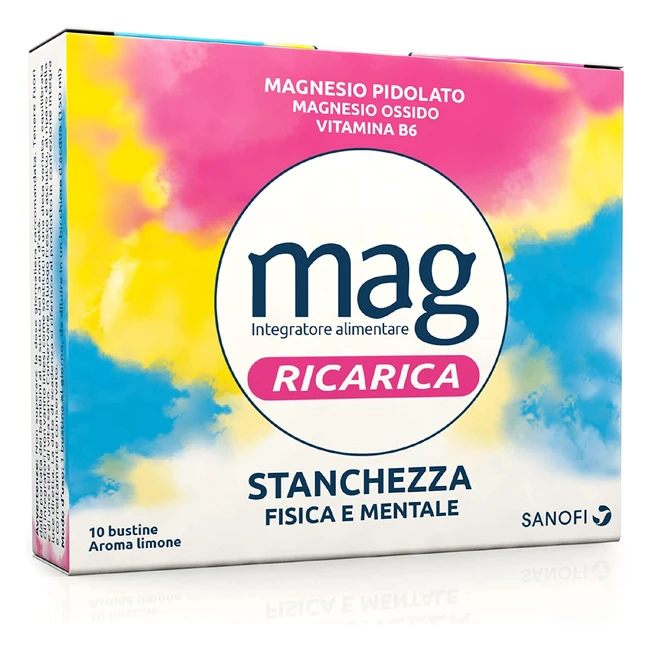 Mag Ricarica - Integratore Alimentare con Magnesio Pidolato, Ossido e Vitamina B6 per la Stanchezza Mentale e Fisica - 10 Bustine Aroma Limone