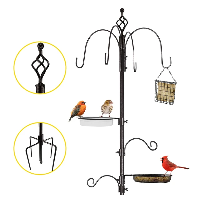 Urban Deco Bird Feeder Station with Multi Hooks, Bath Tray, and Suet Cage - Garden Stand for Attracting Hummingbirds, Robins, Sparrows, Woodpeckers, and Starlings