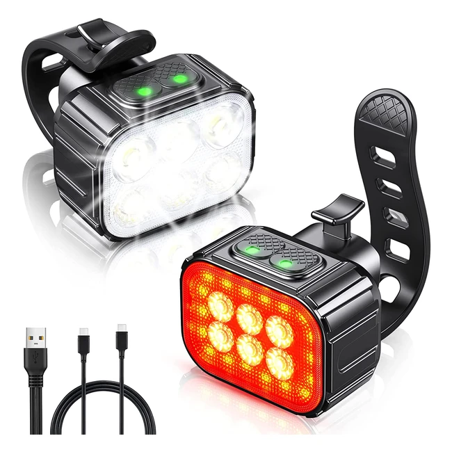 Super Bright USB Rechargeable Bike Lights Set with Spot and Flood Beam - IP65 Wa