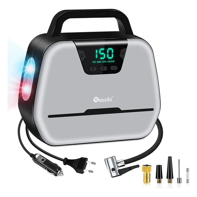Compresor de Aire Portátil Reesibi 220V/12V con Doble Alimentación, Manómetro Digital y 3 Modos de Luces LED - Gris/Negro