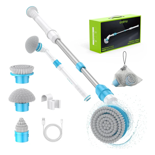oraimo Cordless Electric Spin Scrubber for Bathroom and Kitchen Cleaning - 430 RPM, 3 Replacement Brushes, Adjustable Extension Arm - Blue