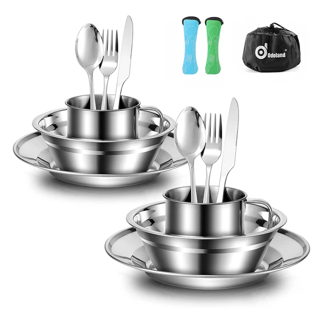 Odoland Camping Cutlery Set - Stainless Steel Mess Kit with Plate Cup Fork Sp
