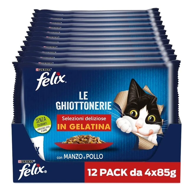 Purina Felix Le Ghiottonerie - Cibo umido per gatti con manzo e pollo - 48 buste da 85g