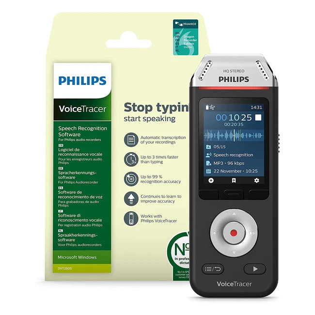 Enregistreur audio Philips VoiceTracer avec logiciel Dragon Speech Recognition pour Windows - DVT2810