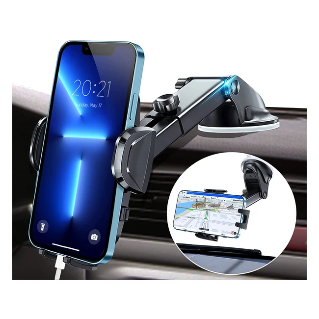 Hocerlu Car Phone Holder - Super Strong Suction, Shockproof, 360° Flexible View, Universal Mount for iPhone 13/12, Samsung Galaxy S22, Sat Nav