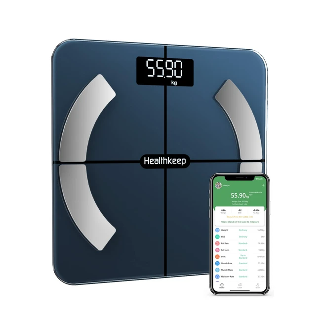 Báscula de Baño Digital HealthKeep - Analizador de Composición Corporal con 13 Funciones - Máximo 180kg - Para Android y iOS - Blanco/Gris