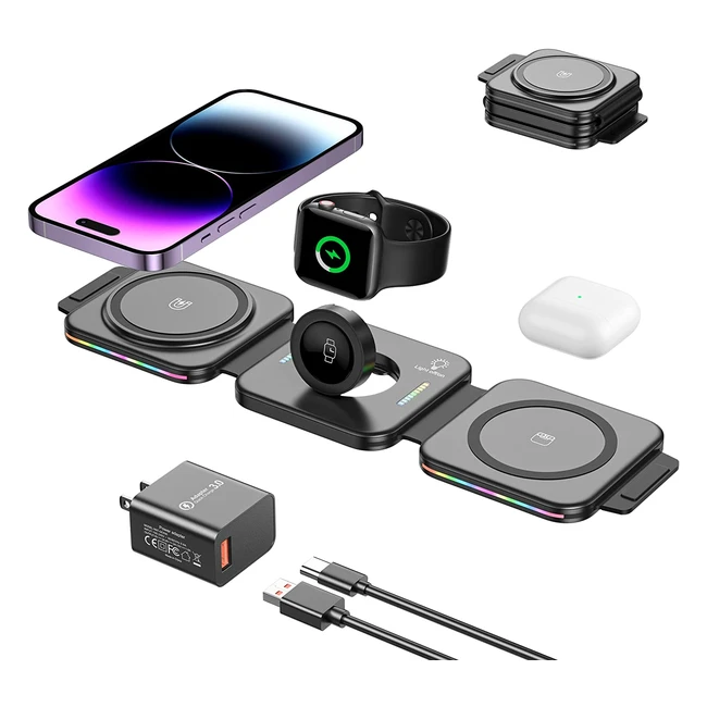 3-in-1 Wireless Charging Station with Magsafe for iPhone & Samsung - Portable & Foldable Charger Pad with Color Light