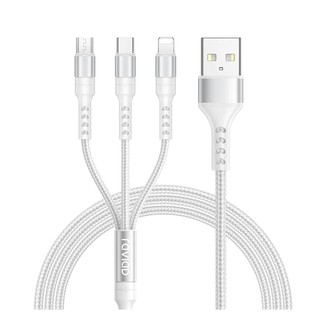 Câble Multi USB 3 en 1 Raviad - Chargeur en Nylon Tressé avec Connecteurs Micro USB, Type C et Lightning pour iPhone Samsung Huawei OnePlus Kindle