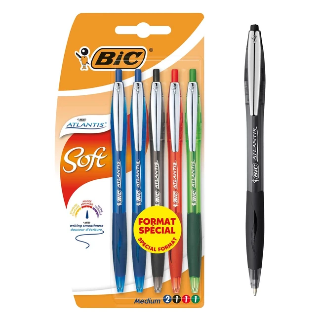 Stylos Bic Atlantis Soft - Pointe moyenne 1.0mm - Couleurs assorties - Pack de 5