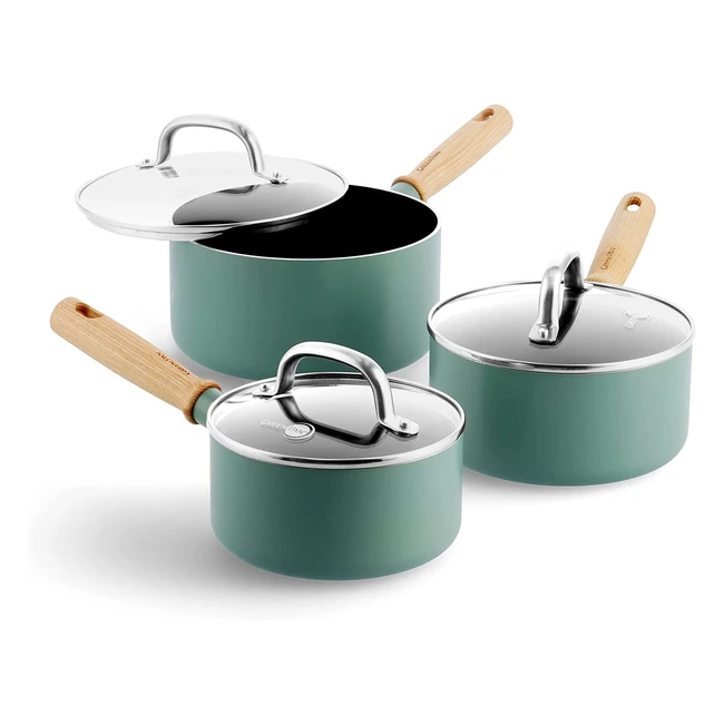 GreenPan Mayflower Ceramic Nonstick 6pc Saucepan Set | Vintage Wood Handle | PFAS-Free | Induction | Smoky Blue
