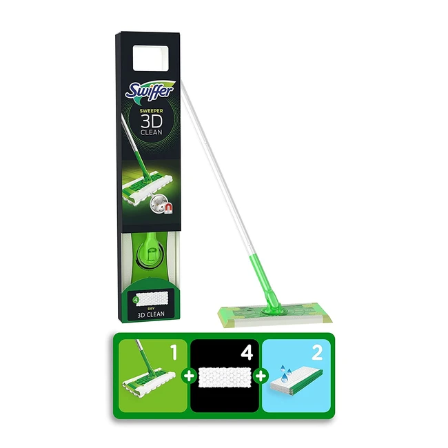 Balai attrapepoussière Swiffer 3D Clean - Kit de démarrage avec 4 lingettes sèches et 2 lingettes humides