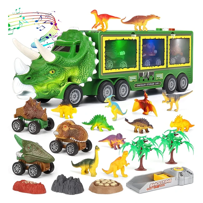Aoskie Dinosaur Toys for Kids - Transporter Truck with Roar Sound, Lights, 3 Pull Back Cars, 12 Dinosaurs