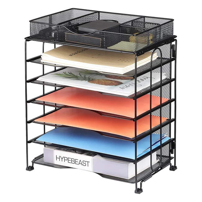 Univivi 7-Tier Letter Tray with Drawer - Mesh Desk Organizer for Home Office - Screws-Free Document Tray with Stackable Filing Trays - Black