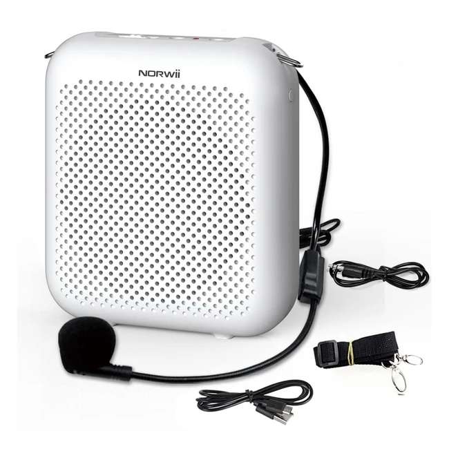 Amplificatore vocale portatile Norwii S358 con microfono cablato e cintura, ricaricabile da 2000mAh, ideale per insegnanti e guide turistiche - Bianco