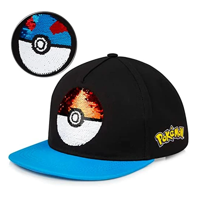 Pokemon Baseball Cap for Boys and Girls - Black/Blue - One Size - Reversible Sequin Pokeball Design - Summer Accessory for Kids