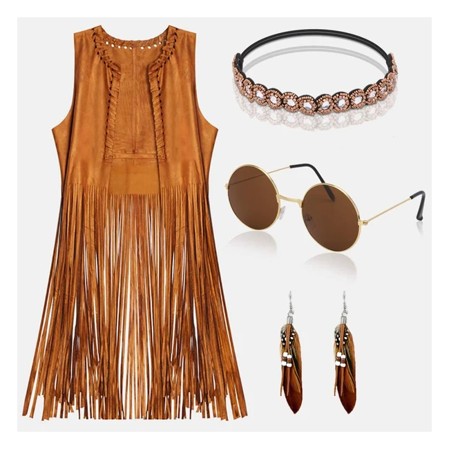 Yadodo Fransenweste Damen Hippie Bolero 60er 70er Jahre Kostüm Outfit Braun XXL