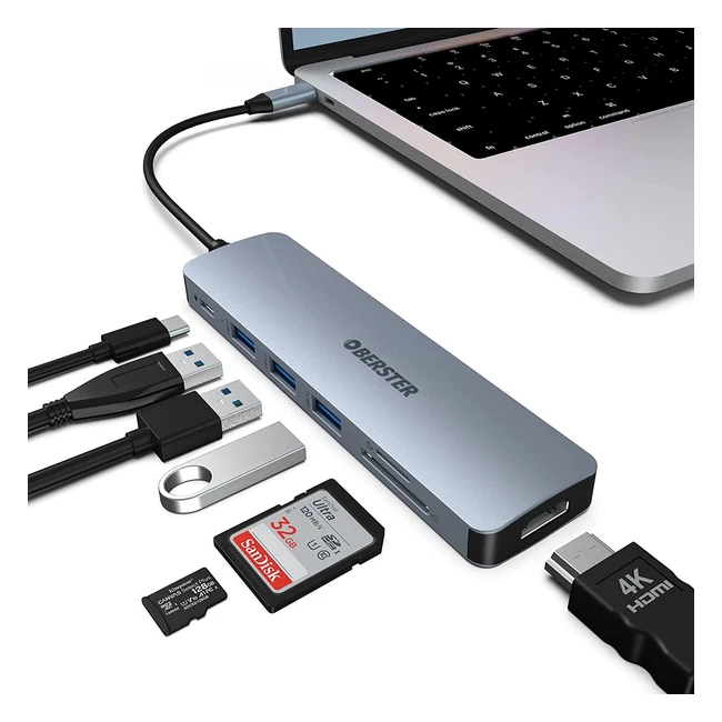 USB C Hub 7-in-1 Adapter mit 4K HDMI, 3x USB 3.0, 100W PD, SD/TF Kartenleser für MacBook Pro/Air, Surface Pro/Go, iPad Pro/Air, Laptop und Typc-Geräte