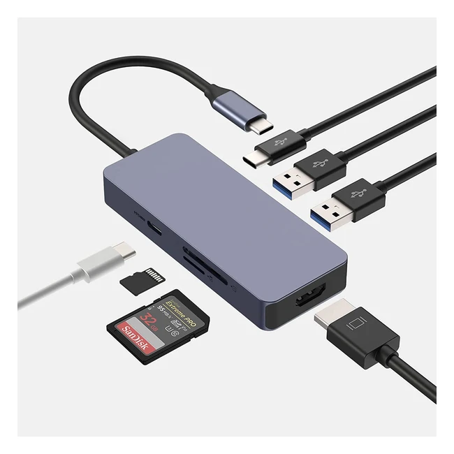 USB C Hub 7-in-1 mit 4K HDMI, USB 3.0, USB C 3.0, PD, SD/TF 3.0 für MacBook M1/M2 und andere Typ-C Geräte