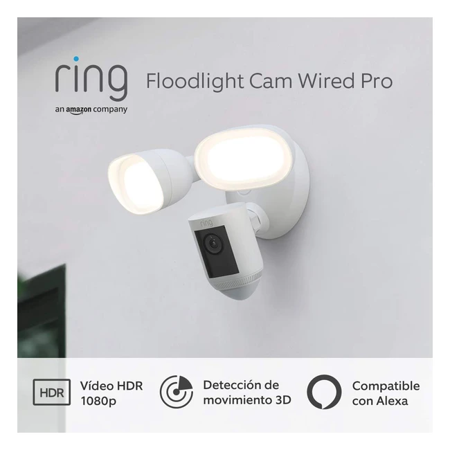 Ring Floodlight Cam Wired Pro - Cámara de Seguridad 1080p HD con HDR, Detección de Movimiento 3D y Sirena de Seguridad - Blanco