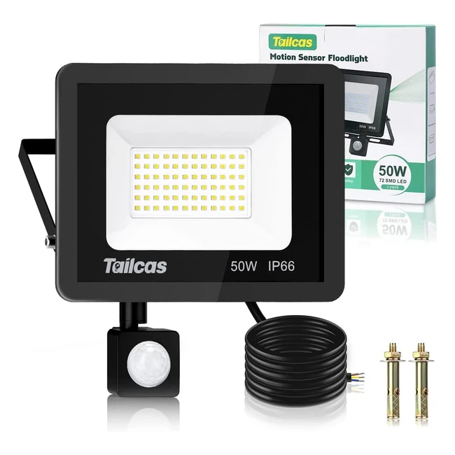 Foco LED exterior con sensor de movimiento 50W, 4500lm, IP66, para seguridad en jardines y patios