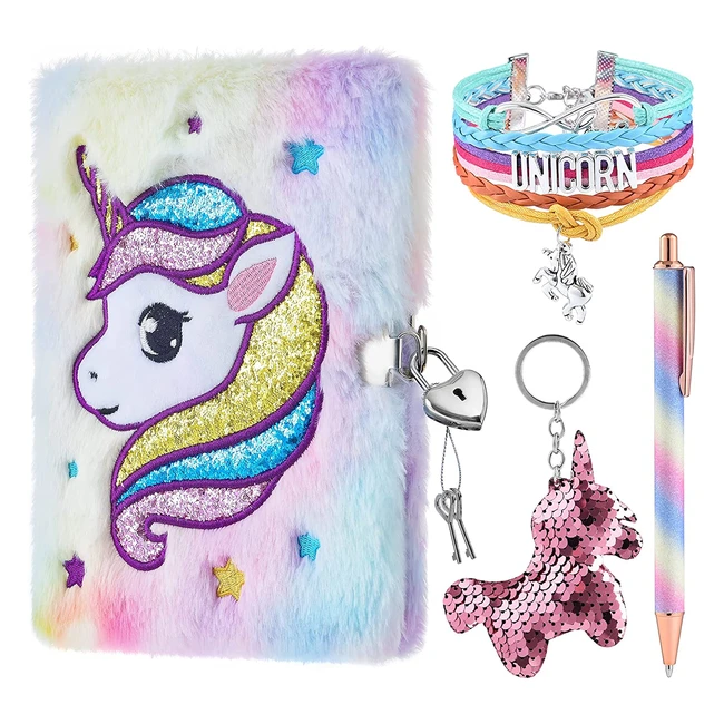 Plush Unicorn Notebook Set - Perfect for Girls' Private Diary, School, and Travel - Includes Gel Pen, Key Rings, Bracelets, and Locks - Birthday Gift