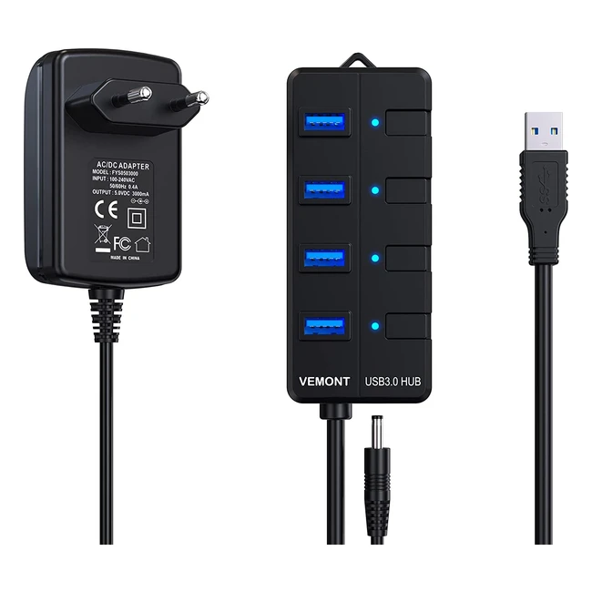 Hub USB 3.0 Vemont con alimentación externa y 4 puertos, compatible con Mac, iOS, Windows, Android y Linux