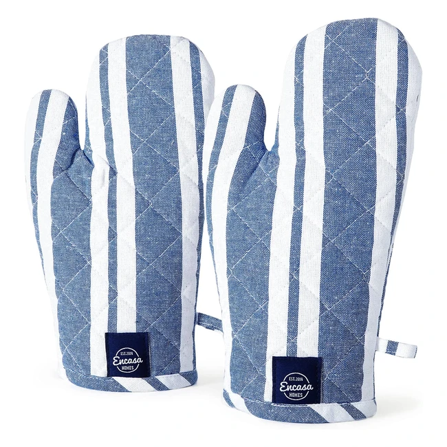 Encasa Homes Oven Gloves Mitts - Heat Resistant 30cm Long, 2pc Set for Kitchen Cooking and Baking, Safe Protection from Hot Utensils and Grill - Franca Blue Stripes