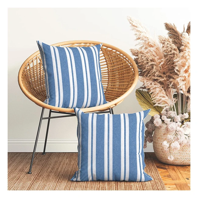 Encasa Homes Cushion Covers - Set of 2 50x50cm Franca Blue Stripes Eco Cotton