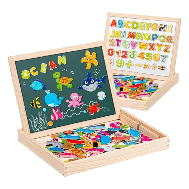 Puzzle Magnétique Bois pour Enfant 3+ Ans - Tableau Double Face Aimanté - 130 Pièces - Animaux Marins, Maths et Orthographe