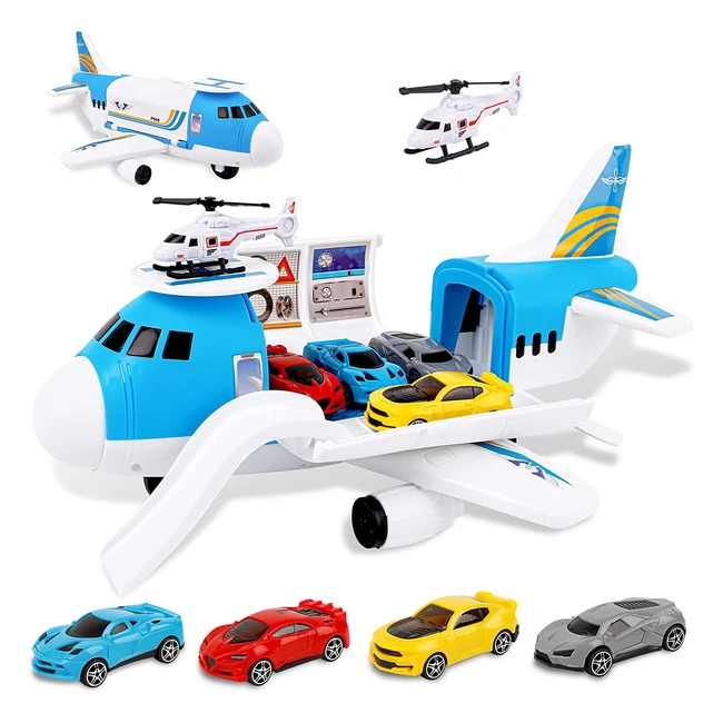 M Zimoon Transport Airplane Cargo Plane Set with Cars, Helicopter & DIY Stickers - Ideal for Boys & Girls