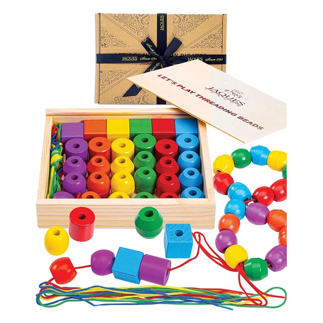 Giocattoli Montessori Jaques of London per bambini: filettatura perline, smistamento, impilamento e tamponamento