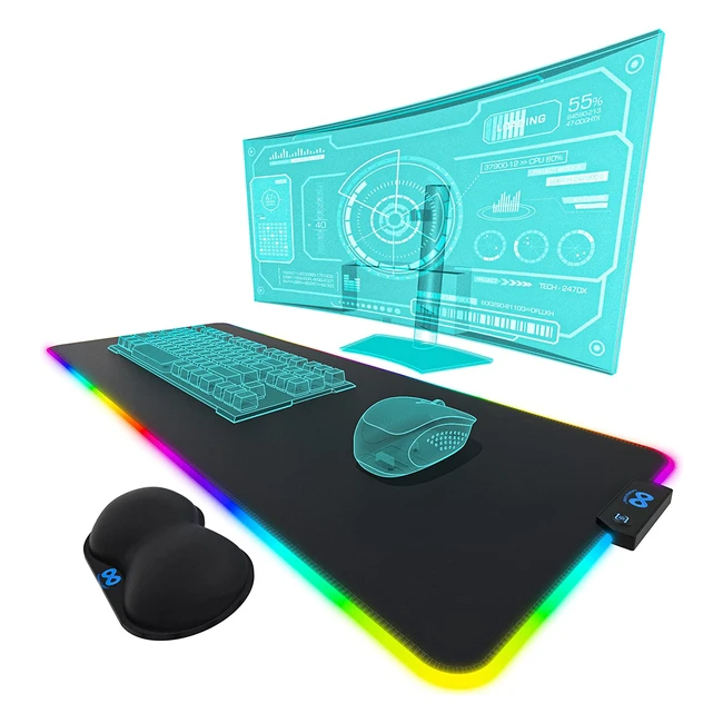 Everlasting Comfort Large Gaming Mouse Pad with RGB LED Lights and Wrist Rest - 