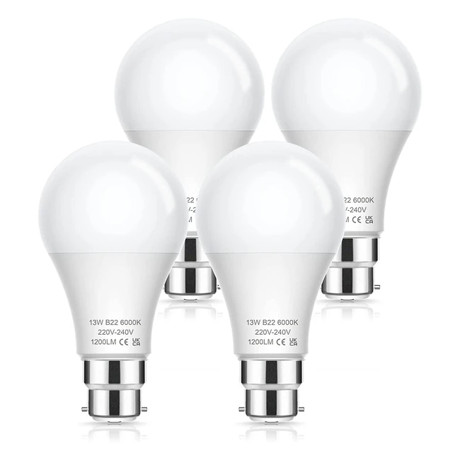Evastary LED Bayonet Light Bulbs 4 Pack - 100W Equivalent, 13W, 6000K Daylight White, 1200 Lumens