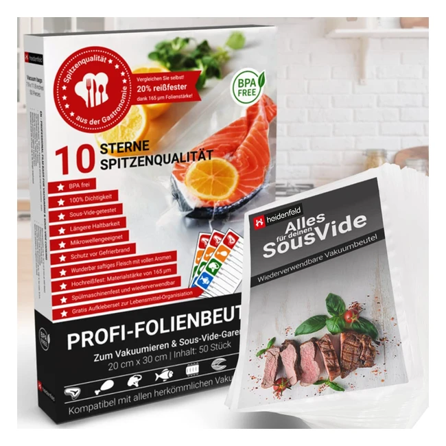 Heidenfeld Vakuumbeutel 20x30cm, 50 Stück, BPA-frei, für Lebensmittel und Sous Vide