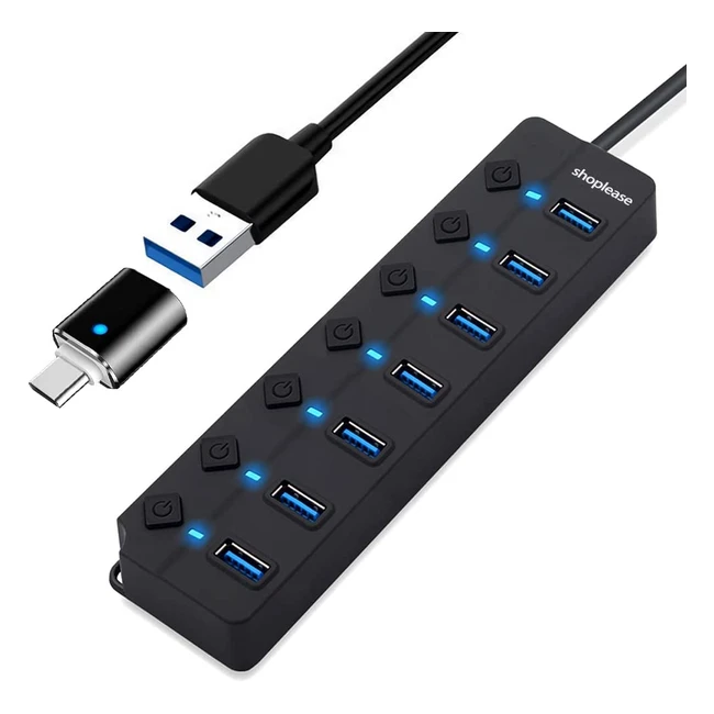 Divisor Hub USB 3.0 de 7 Puertos con Interruptores de Corriente y Luces Individuales - Expansión Portátil con Adaptador Tipo C para Windows, Mac y Linux