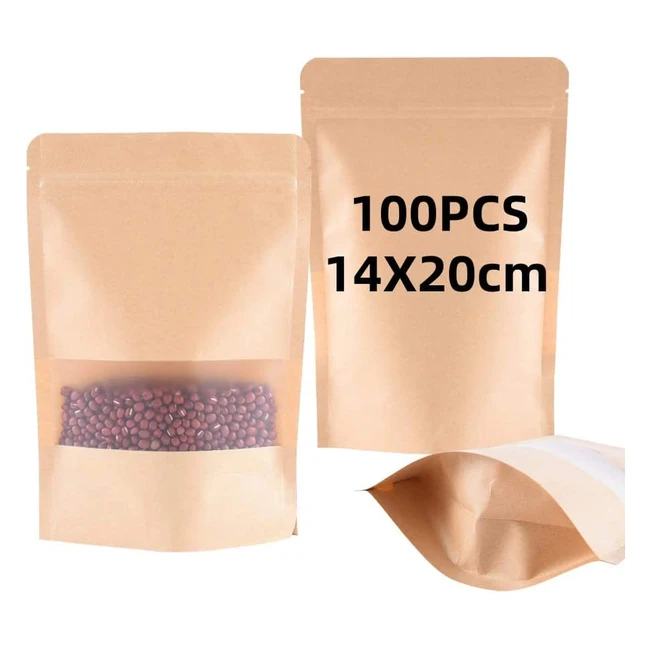 Baownylz 100pcs Kraft Paper Bag with Window - Resealable Stand Up Pouch for Food