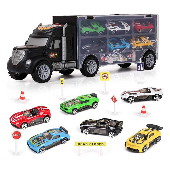 M Zimoon Car Transporter Truck Toy Set with 6 Mini Metal Cars and 8 Accessories - Perfect Gift for Kids