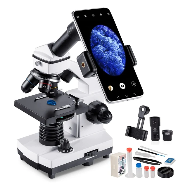 Microscopio Monocular 100-2000x para Estudiantes con Adaptador de Telfono y Il