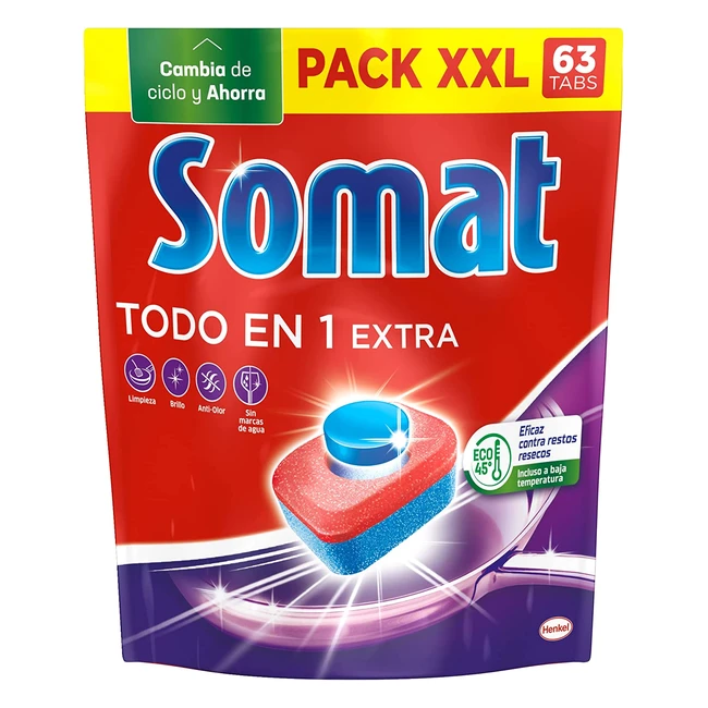 Detergente para lavavajillas Somat Todo en 1 - 63 lavados - Protege el cristal -