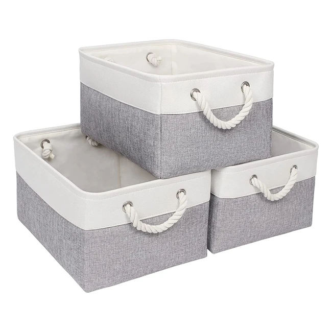 Syeeiex Storage Basket for Shelves - Large Fabric Bins with Handles for Home and Office Organization (3-Pack, White/Grey)